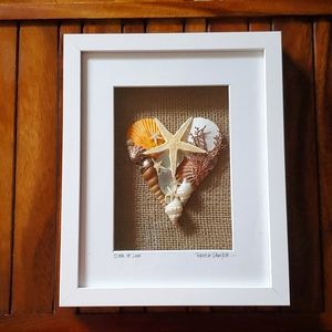 Shell Heart (Sea of Love) Burlap on White Frame, Wall Art